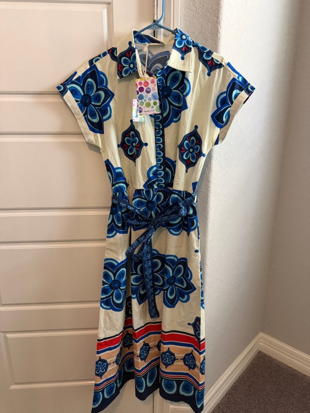 Maxi Dress with Blue Floral Medallion Print - White & Blue